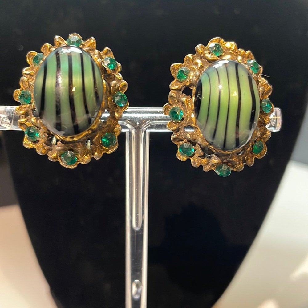 Vintage Glass Clip Earrings with Green Stones Surrounded Glass Cabochon